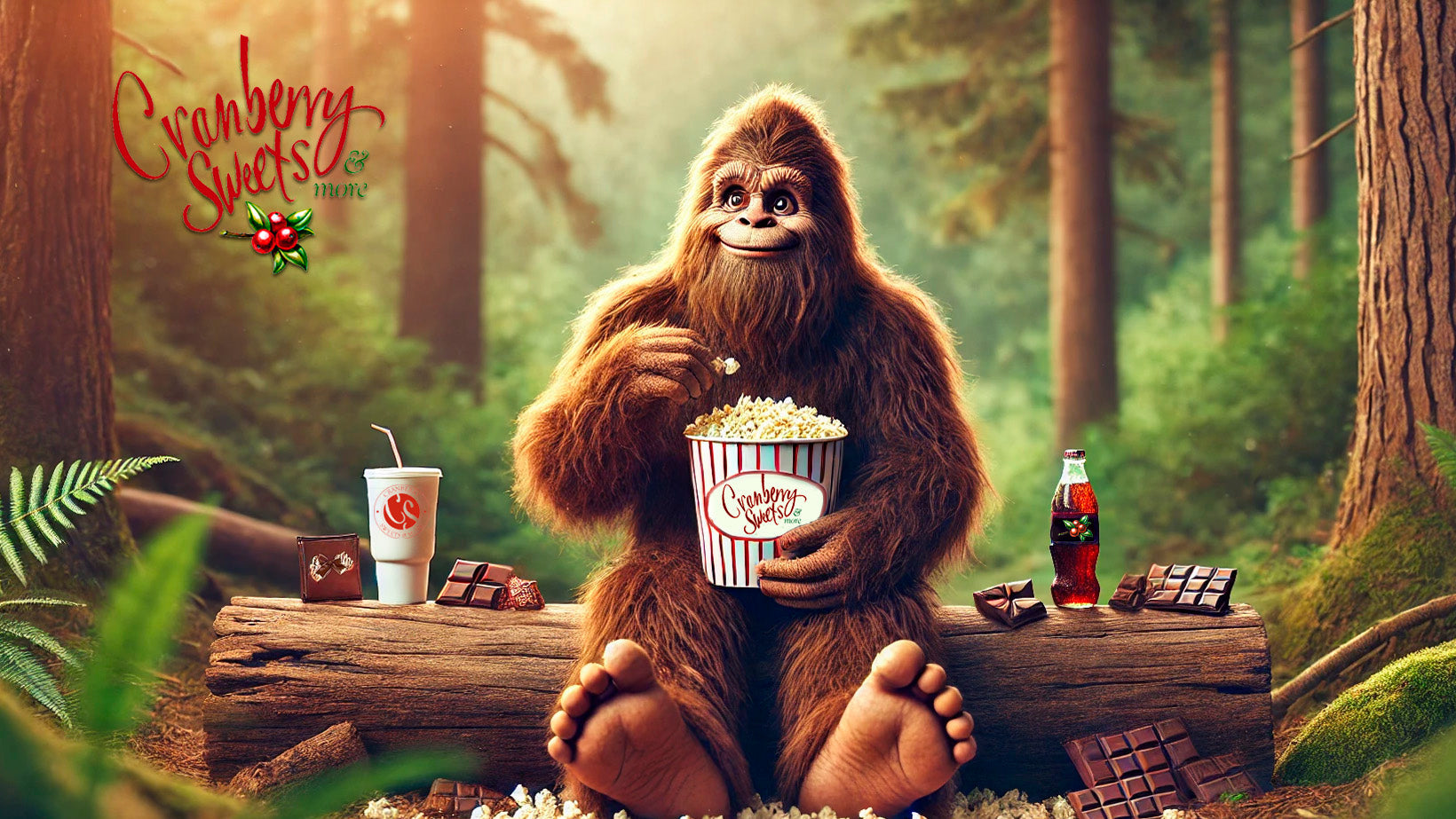 bigfoot eating popcorn and chocolate