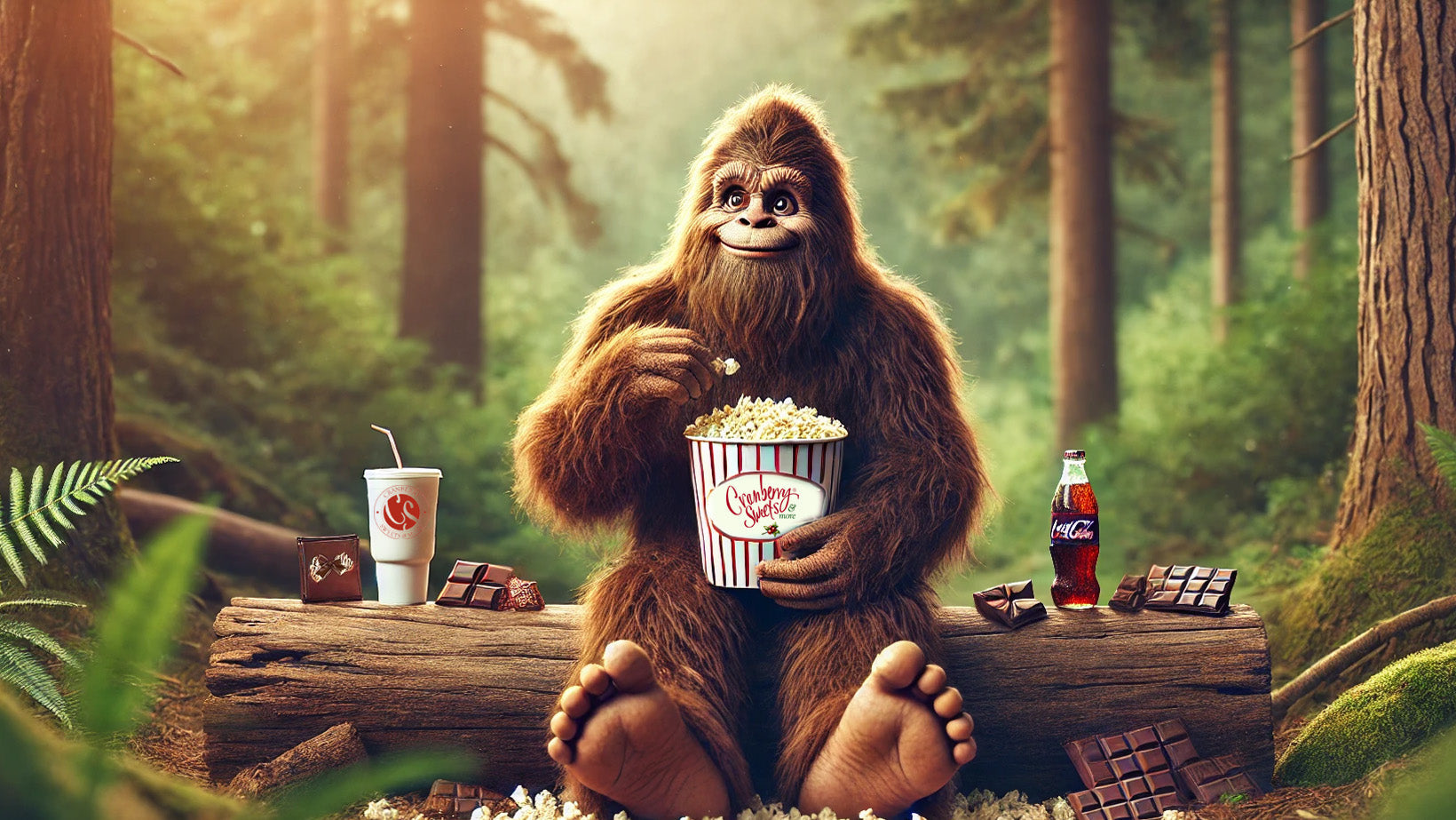 bigfoot eating popcorn and chocolate