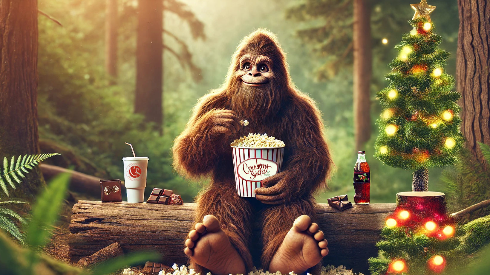 bigfoot eating popcorn and chocolate